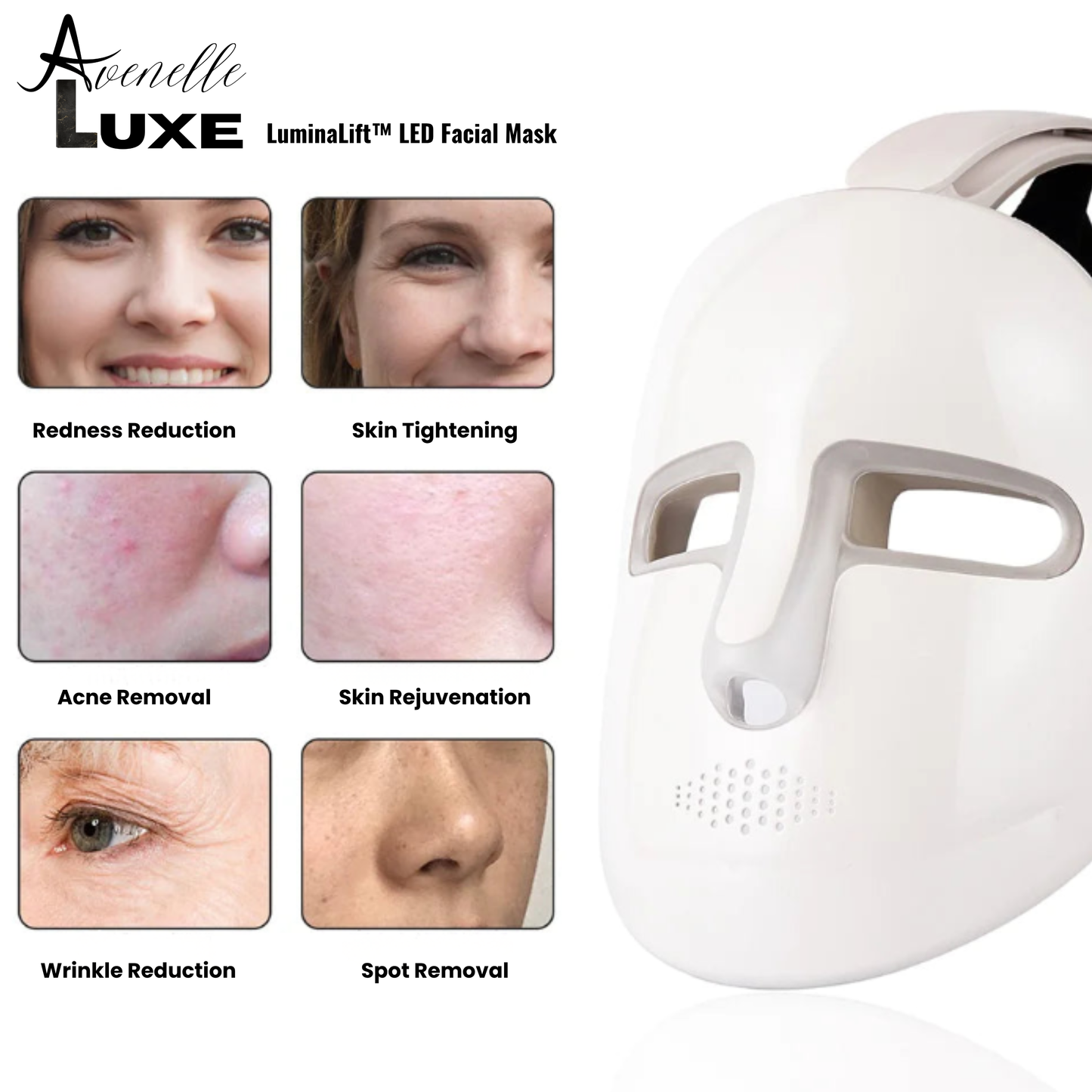 Avenelle Luxe LuminaLift™ LED Facial Mask – Multi-Color Light Skincare Device with Magnetic Neck Support