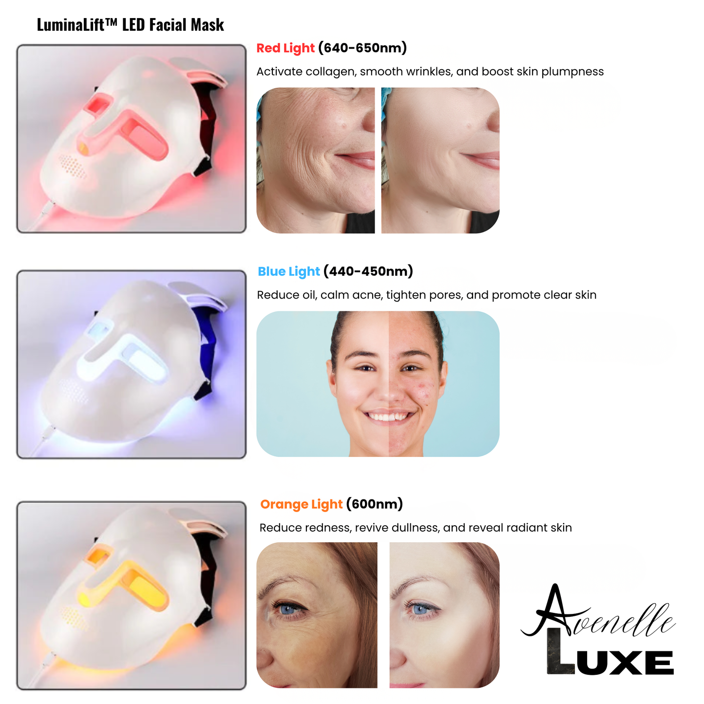 Avenelle Luxe LuminaLift™ LED Facial Mask – Multi-Color Light Skincare Device with Magnetic Neck Support