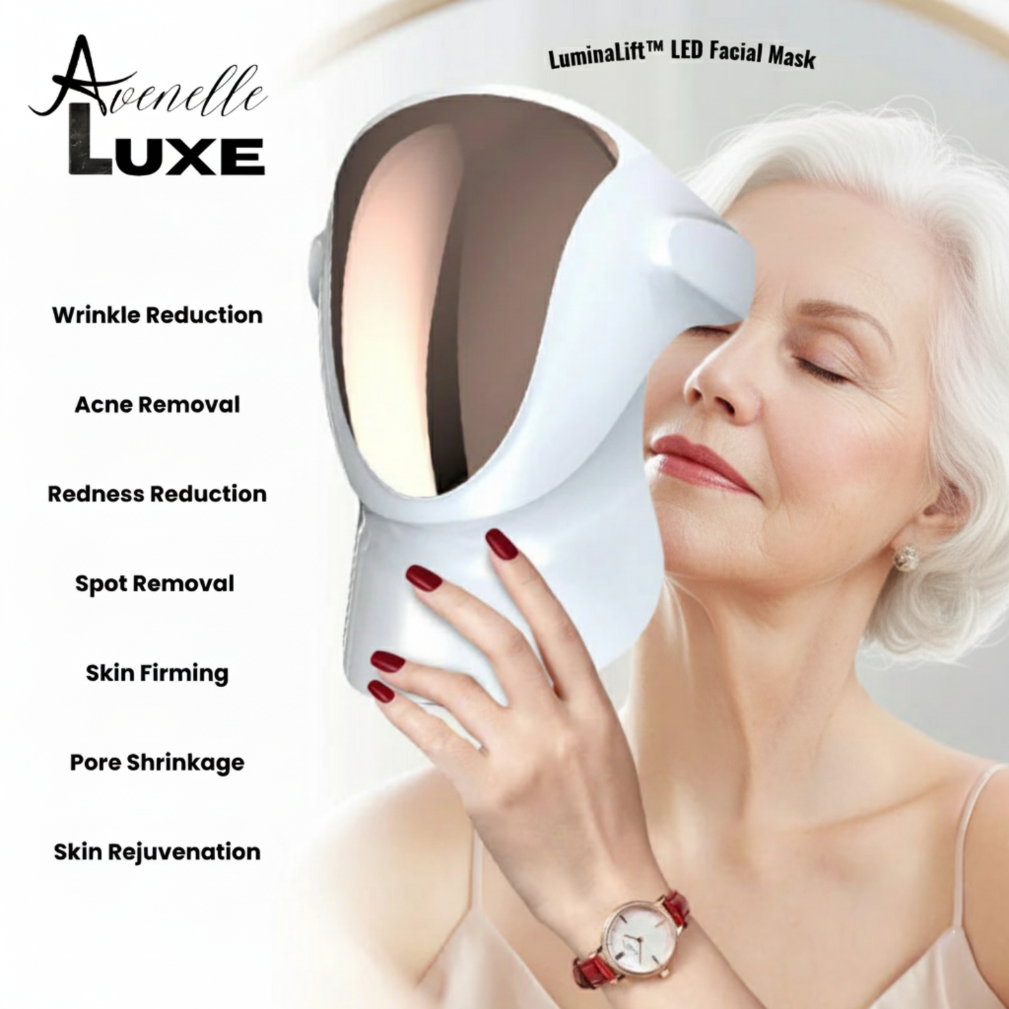Avenelle Luxe LuminaLift™ LED Facial Mask – Multi-Color Light Skincare Device with Magnetic Neck Support