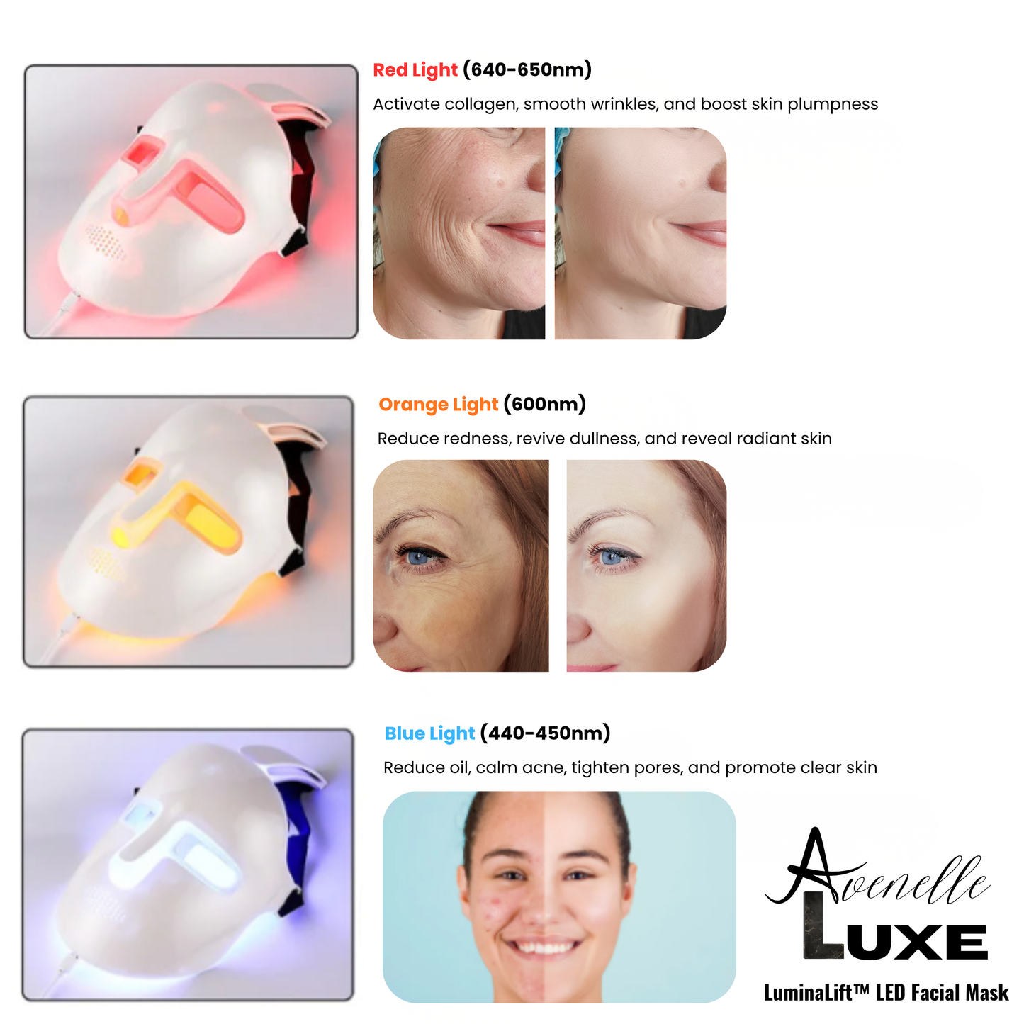 Avenelle Luxe LuminaLift™ LED Facial Mask – Multi-Color Light Skincare Device with Magnetic Neck Support